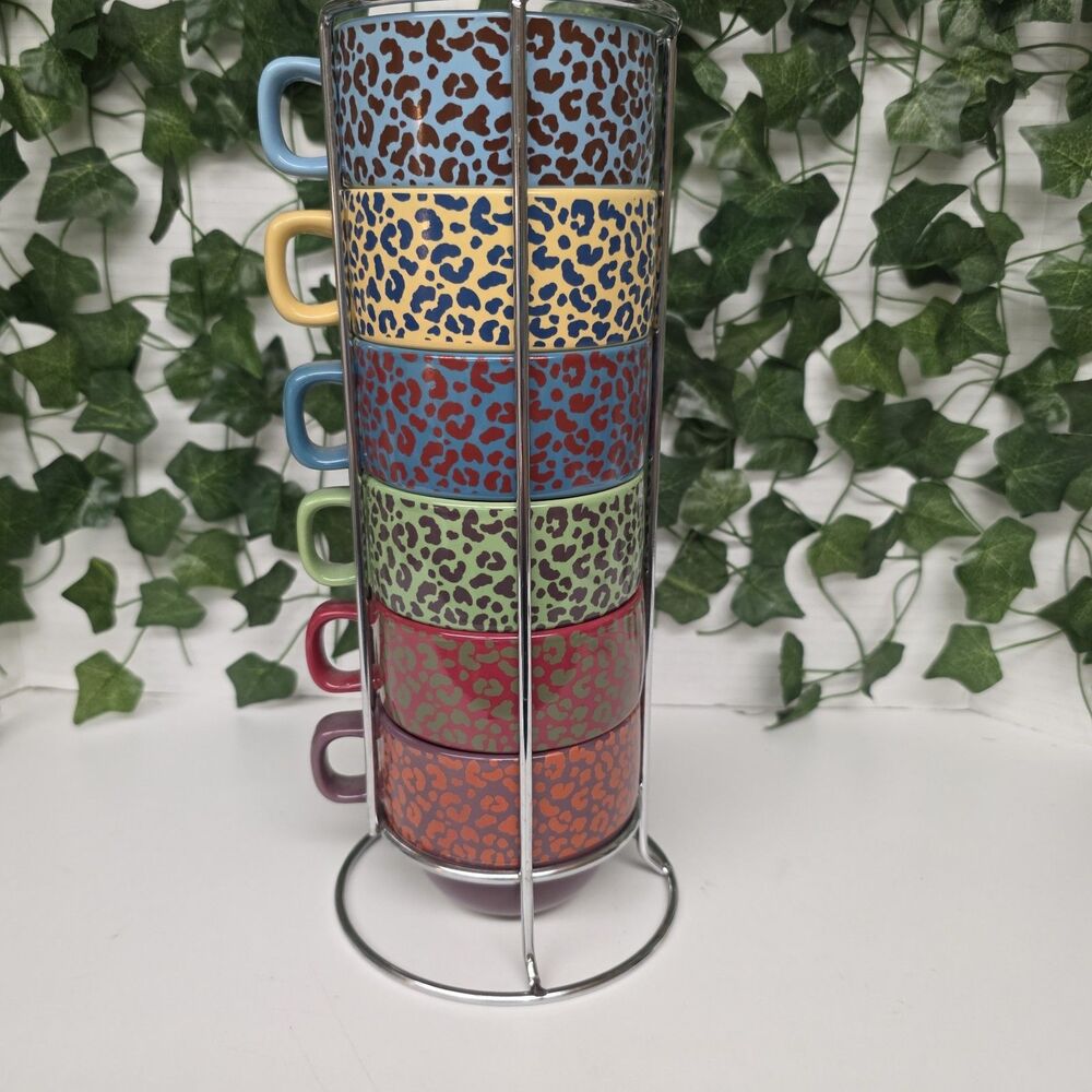 World Market Colorful Stacking Coffee Mugs Set Of 6 W/Wire Holder Cheetah Animal